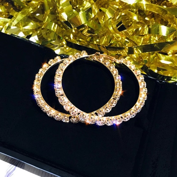 Gold Plated Rhinestone Big Hoop Earrings - Picture 3 of 5